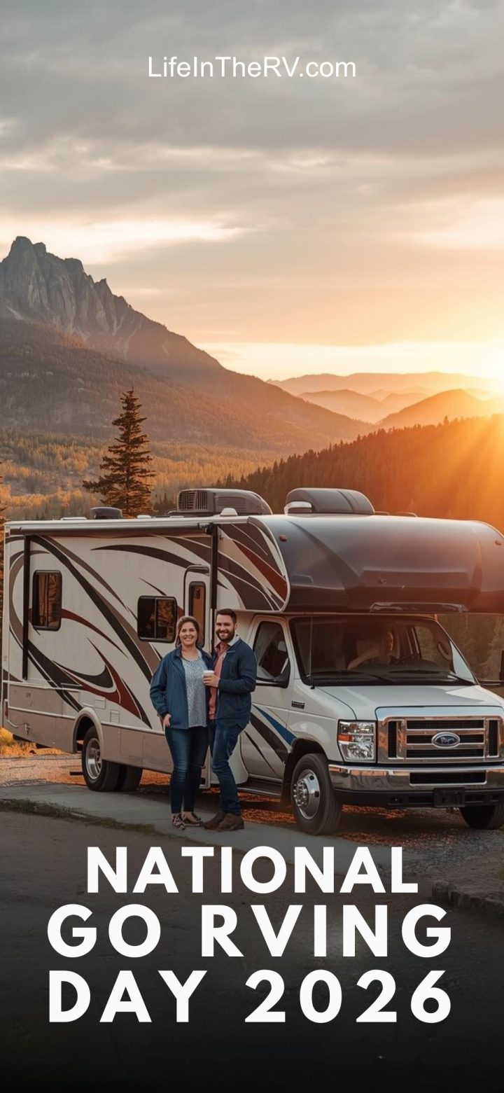 A couple stands in front of an RV at sunset with mountains behind them. Text reads: "Celebrate adventure on National Go RVing Day 2026.