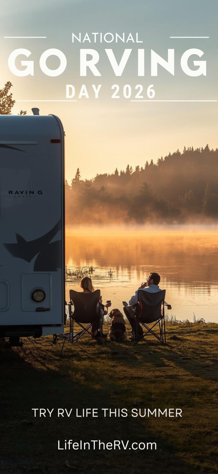 Two people and a dog sit in chairs by a lake next to an RV at sunrise. Celebrate National Go RVing Day 2026 and discover the joy of trying RV life this summer.