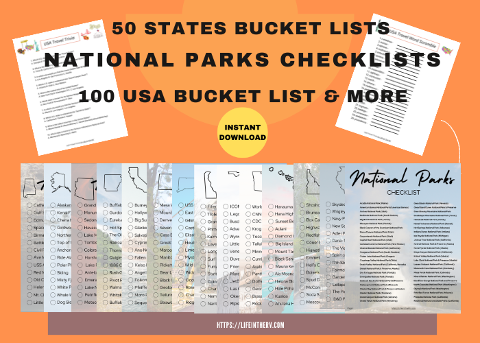 Image showing various printable checklists for U.S. state bucket lists, national parks, and 100 USA bucket list ideas—perfect for planning adventures on National Go RVing Day. Instant download available.