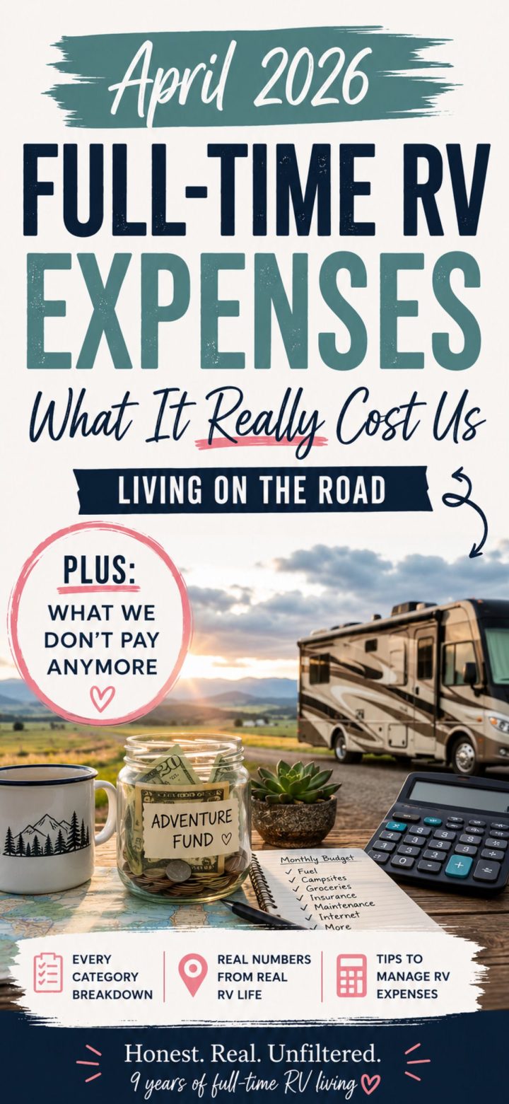 Infographic titled "April 2026 Full Time RV Expenses" featuring an RV, a calculator, cash, mugs, and helpful tips on managing full time RV expenses.