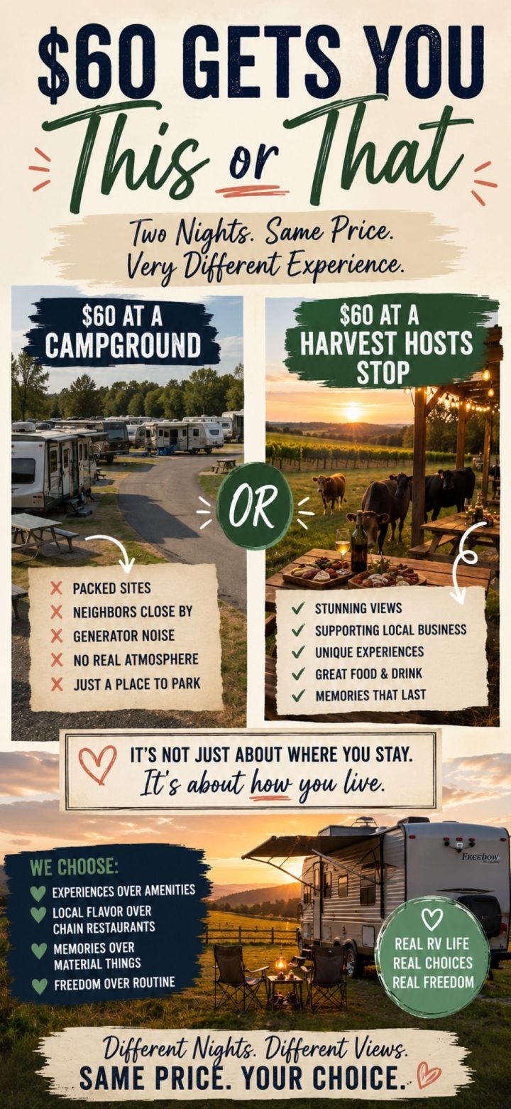 A side-by-side comparison of staying two nights at a campground versus a Harvest Hosts stop, highlighting different experiences, amenities, and how each option impacts your full time RV expenses—all for the same $60 price.