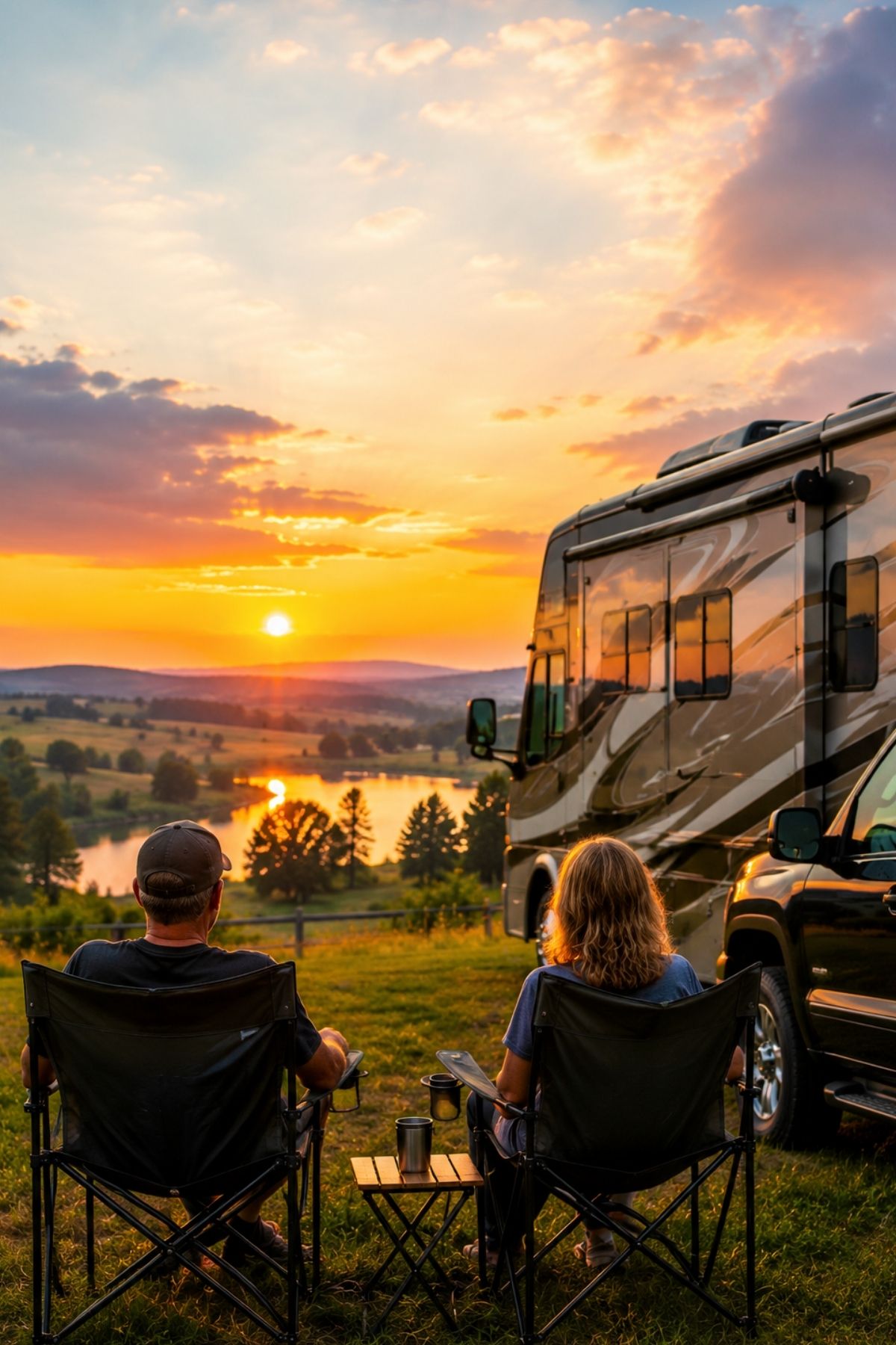 Two people sit in camping chairs near an RV, watching the sunset over rolling hills, trees, and a river—embracing scenic views while reflecting on the joys and challenges of managing full time RV expenses.