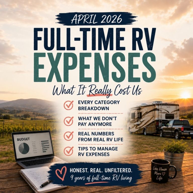 April 2026 Full Time RV Expenses summary with checklist—RV parked in a scenic field, plus text highlighting budgeting tips and a real-life cost breakdown for full-time travelers.