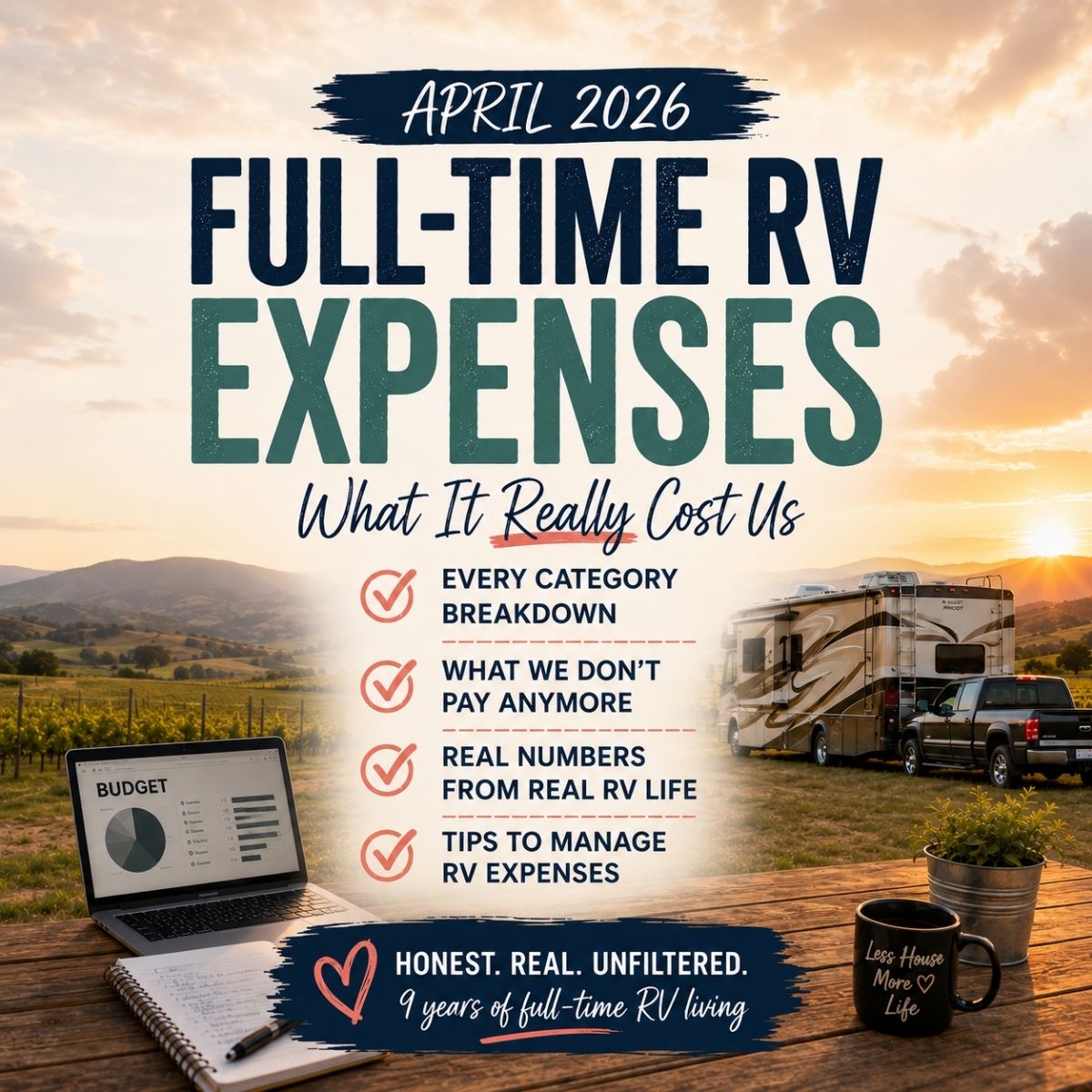 April 2026 Full Time RV Expenses summary with checklist—RV parked in a scenic field, plus text highlighting budgeting tips and a real-life cost breakdown for full-time travelers.