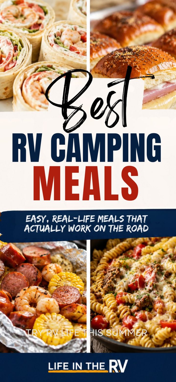 Collage of four RV Camping Meals including wraps, sandwiches, grilled sausage with shrimp, and baked pasta, with text promoting easy RV camping meals for summer.