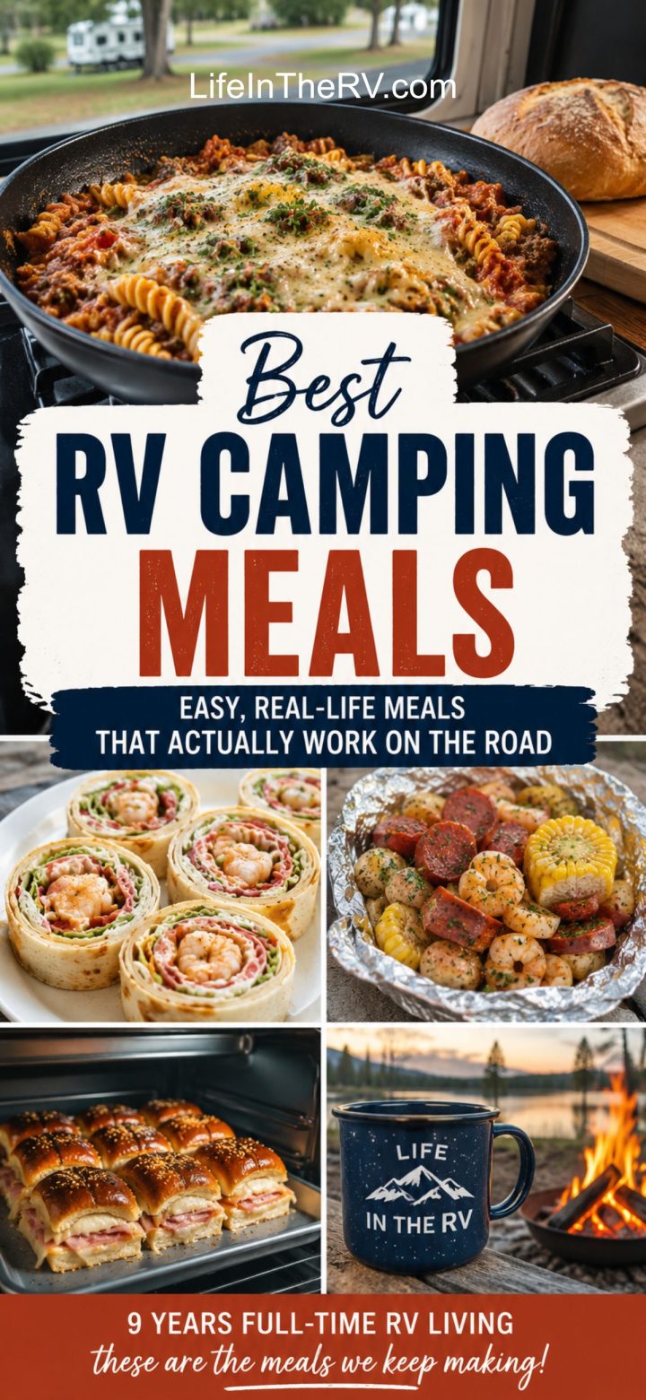 Collage of RV-friendly meals including pasta, pinwheel wraps, roasted potatoes with sausage, breakfast casserole, and a mug reading “Life in the RV.” Text highlights easy real-life RV Camping Meals.