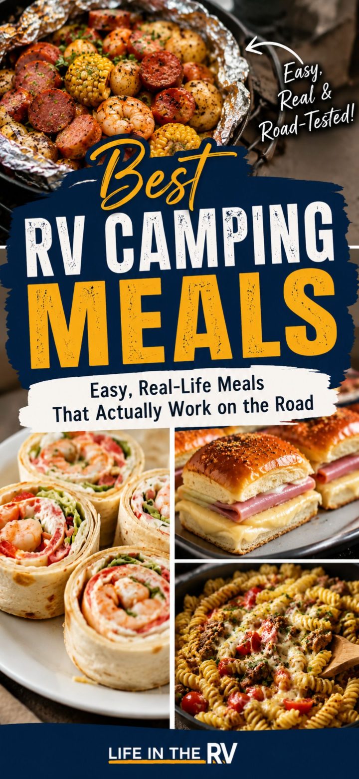 A collage of RV Camping Meals features seasoned skewers, tortilla roll-ups, a ham and cheese sandwich, and baked pasta, with text promoting easy meals for RV travel.