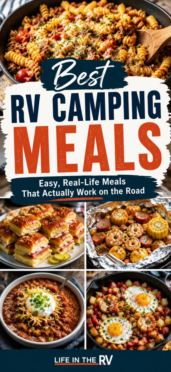 Collage of RV Camping Meals, featuring pasta, sandwiches, skillet dishes, and chili, with the text “Best RV Camping Meals – Easy, Real-Life Meals That Actually Work on the Road.”.