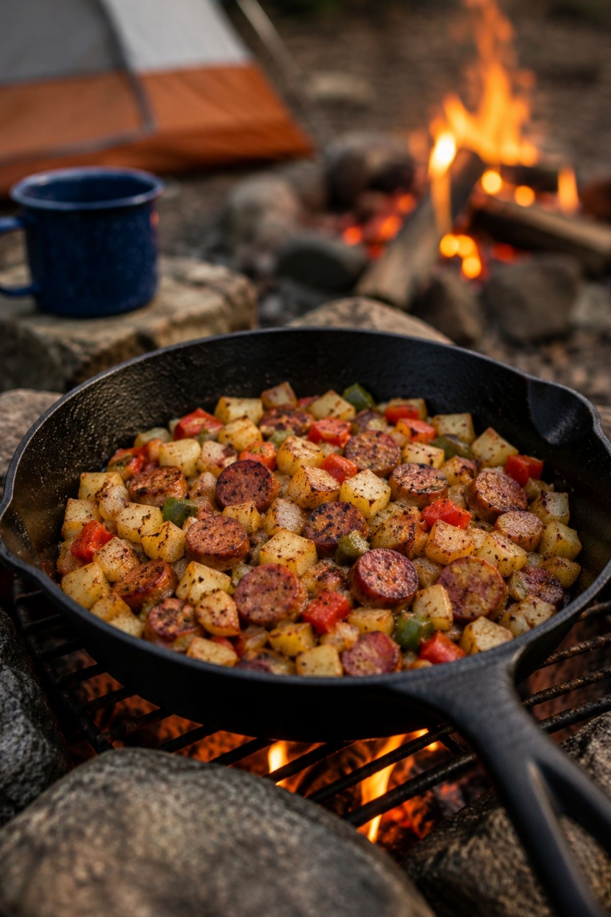 A skillet with sausage, potatoes, and vegetables cooks over a campfire—perfect for RV camping meals—with a tent, mug, and firewood visible in the background.