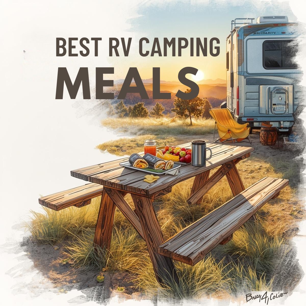 A picnic table with breakfast food sits beside an RV in a scenic outdoor setting at sunrise, highlighting delicious RV Camping Meals, with text reading "Best RV Camping Meals.