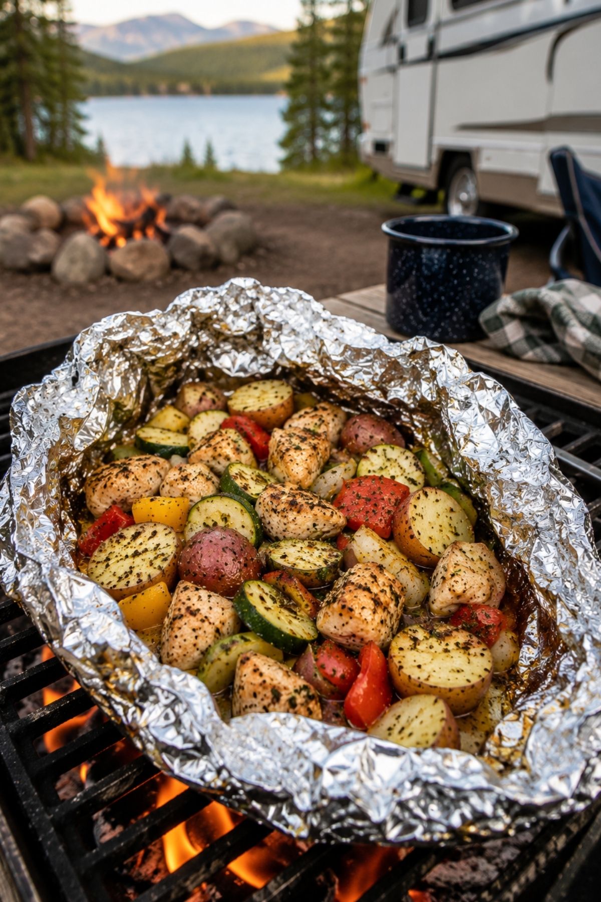 Foil-wrapped seasoned vegetables cooking on a grill at a campsite make delicious RV camping meals, with a campfire, lake, trees, and camper in the background.