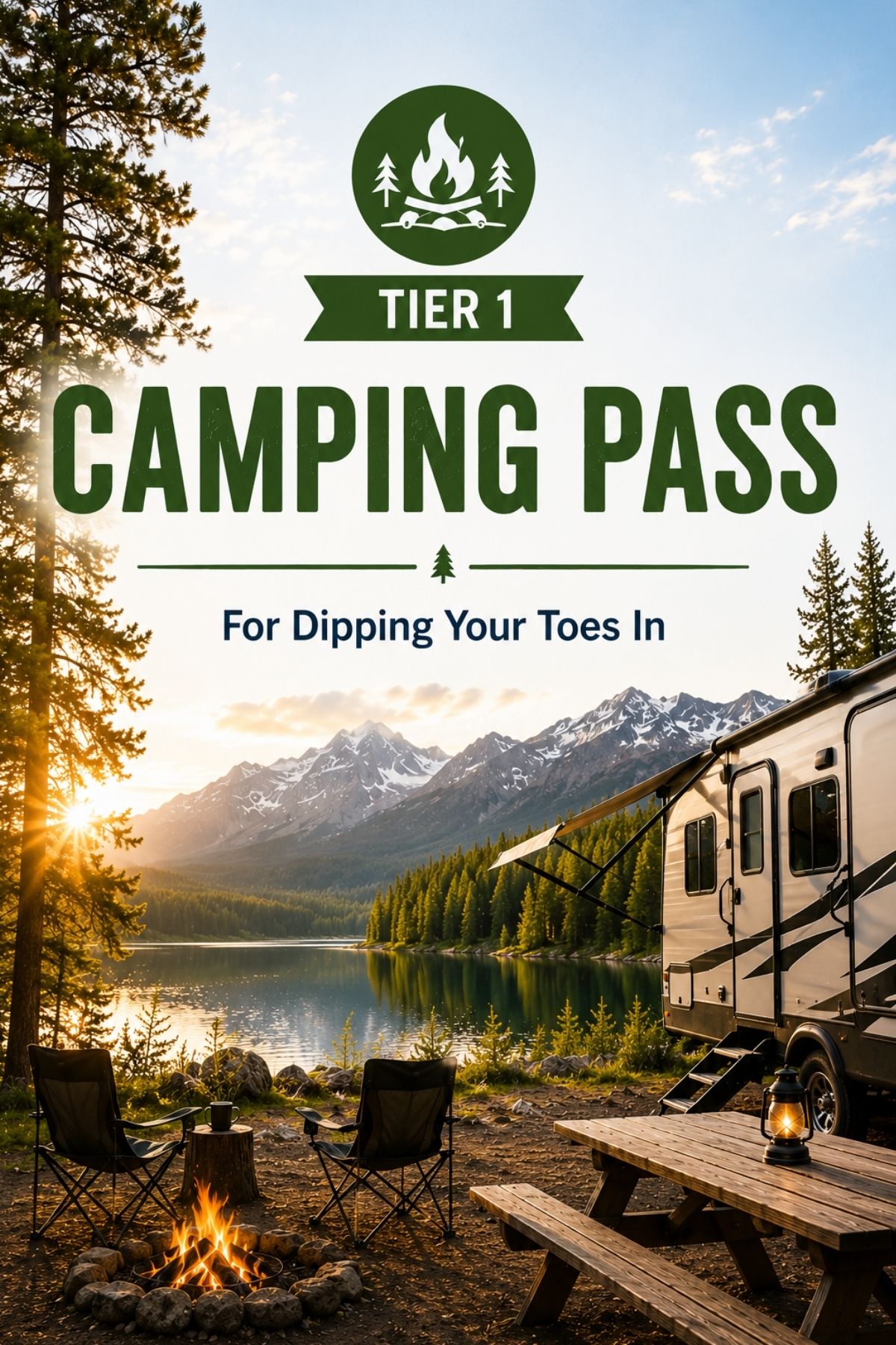 A camping pass advertisement shows a camper van, campfire, and chairs by a lake with pine trees and mountains at sunset. Text reads: "Tier 1 Camping Pass For Dipping Your Toes In—perfect for those exploring Thousand Trails memberships.