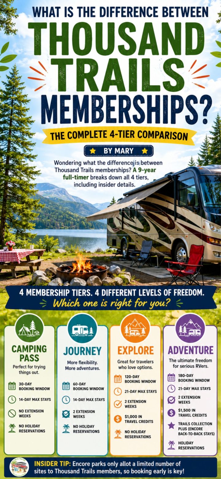 Infographic comparing the four tiers of Thousand Trails memberships—Camping Pass, Journey, Explore, and Adventure—with details on park access, stay limits, and reservation windows for thousand trails memberships.