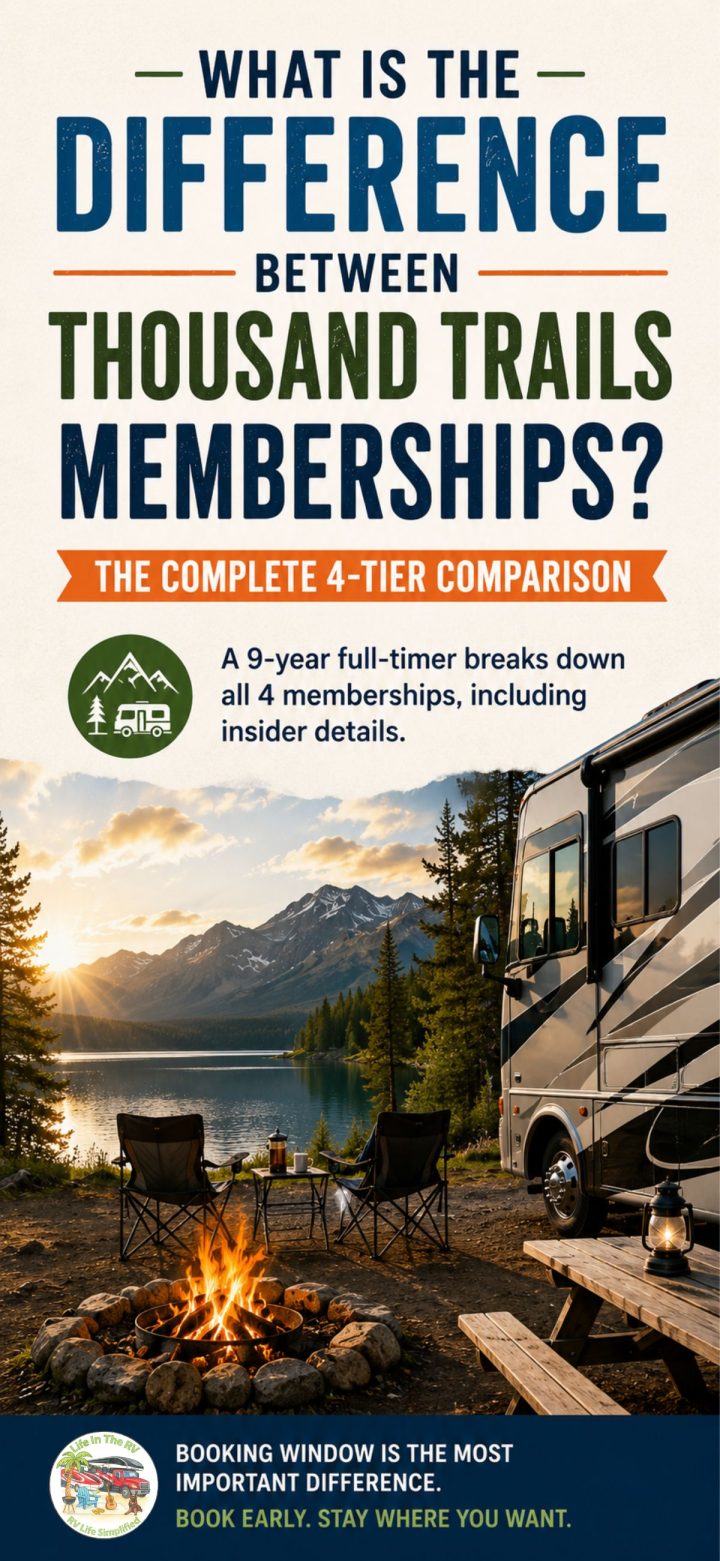 An RV parked by a lake with camping chairs and a fire pit; overlaid text highlights the benefits of thousand trails memberships and compares their booking windows.
