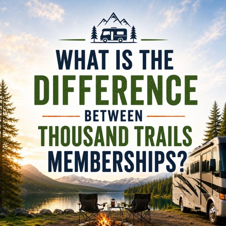Text graphic asking, "What is the difference between Thousand Trails memberships?" with a campsite, RV, chairs, and mountains at sunrise in the background, highlighting the variety of Thousand Trails memberships available.