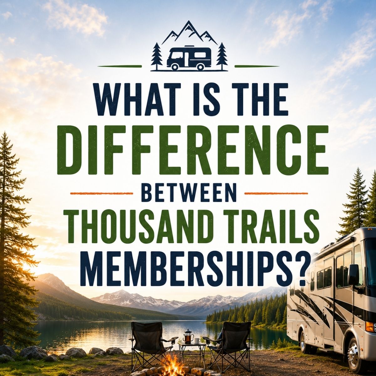 Text graphic asking, "What is the difference between Thousand Trails memberships?" with a campsite, RV, chairs, and mountains at sunrise in the background, highlighting the variety of Thousand Trails memberships available.