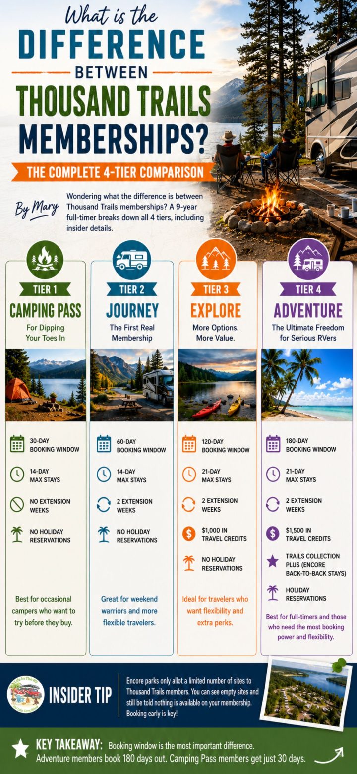 Infographic compares 4 tiers of Thousand Trails memberships—Camping Pass, Journey, Explore, and Adventure—detailing booking windows, park access, benefits, and which Thousand Trails memberships best fit your camping style.