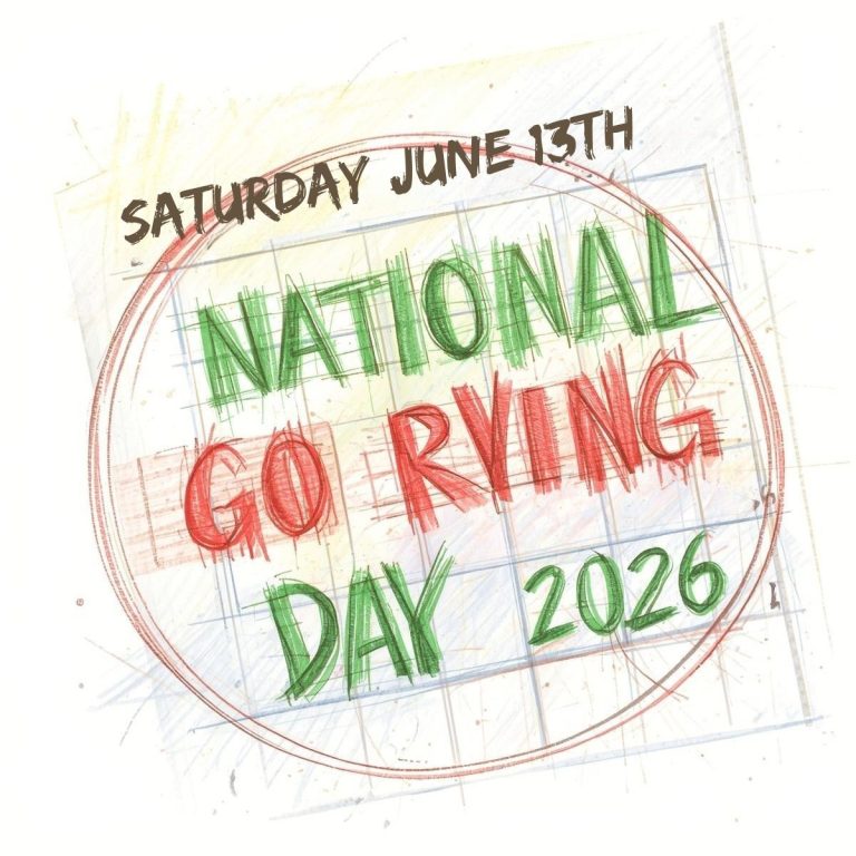 Hand-drawn text reads "Saturday June 13th, National Go RVing Day 2026" inside a large red circle over a sketchy background, highlighting the spirit of adventure on National Go RVing Day.