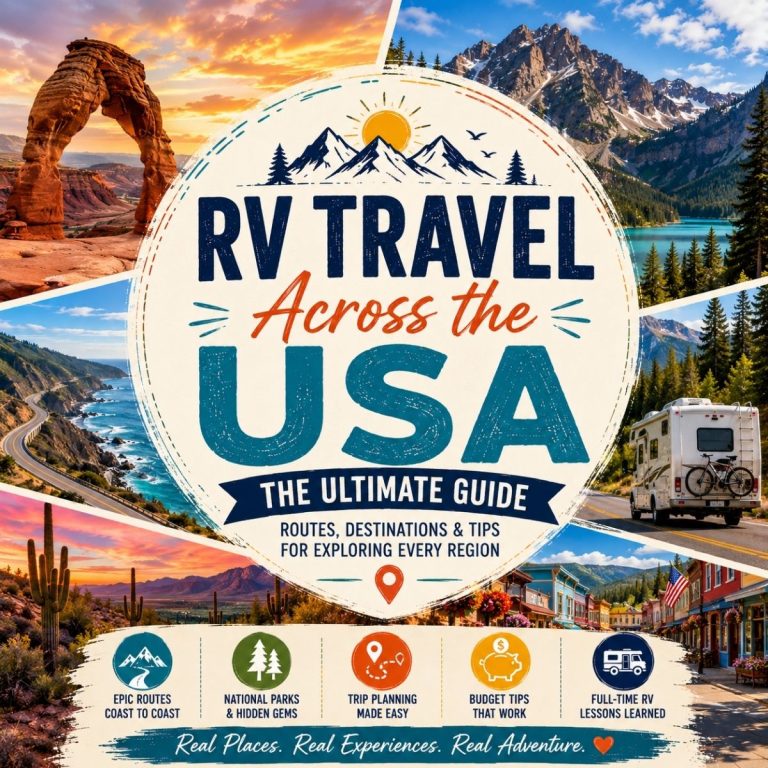 Collage of scenic US landscapes with RVs, featuring text: "RV Travel Across the USA: The Ultimate Guide—routes, destinations, tips, and planning advice for RV travelers." Explore America on wheels!.