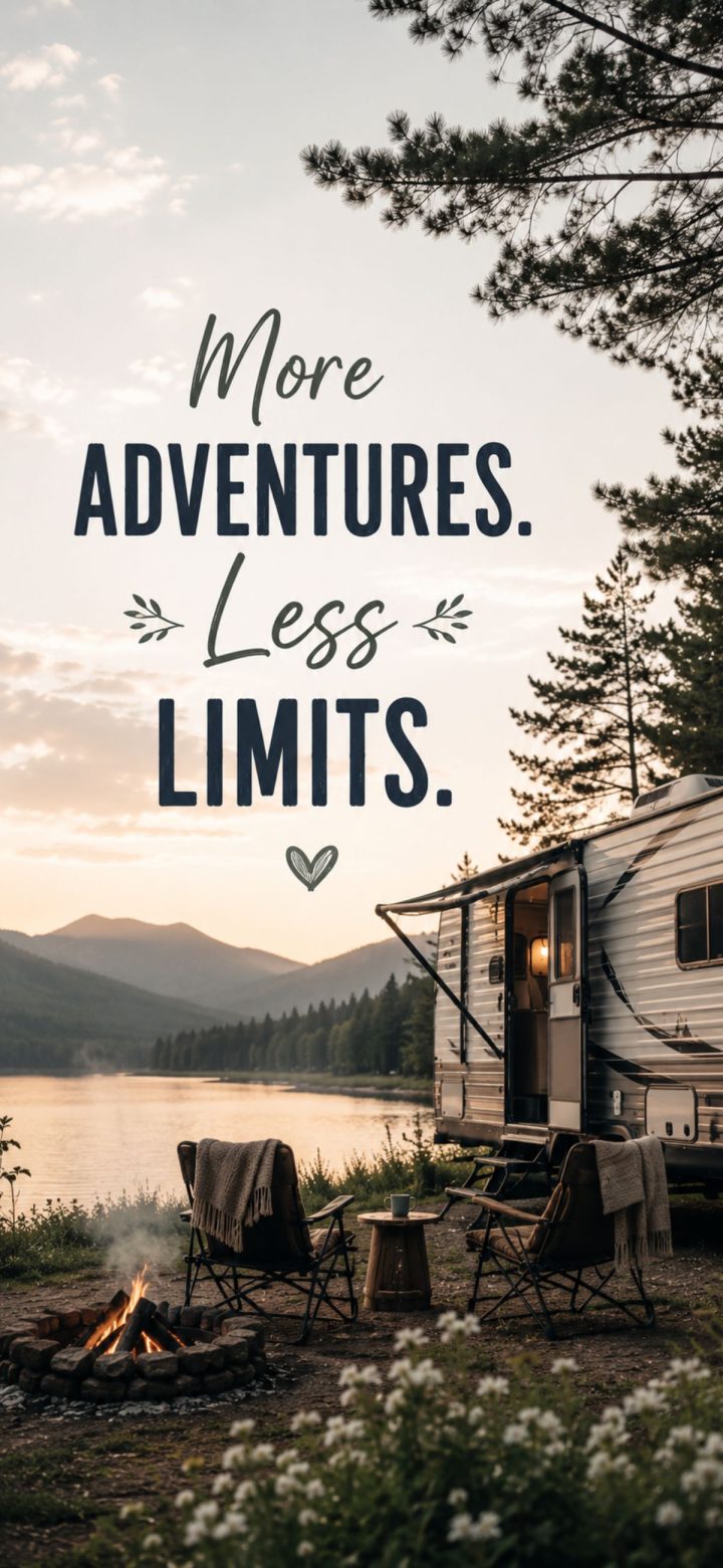 A lakeside campsite with chairs, a campfire, and an RV at sunset. Text reads: "More adventures. Less limits." Discover it all with a Thousand Trails membership.