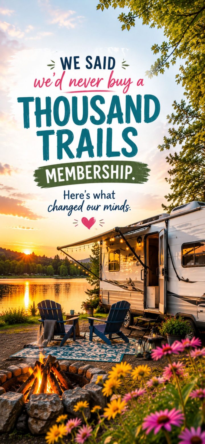 A campsite with a fire pit, two chairs, and an RV by a lake at sunset showcases the perfect escape—discover it with a Thousand Trails membership.
