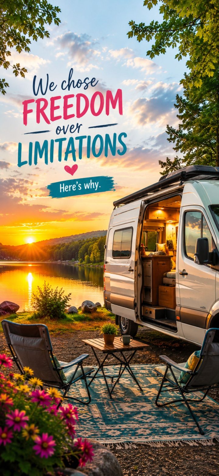 A camper van parked by a lake at sunset, with two chairs and a rug set up outside; text reads, "We chose freedom over limitations with a Thousand Trails membership. Here's why.
