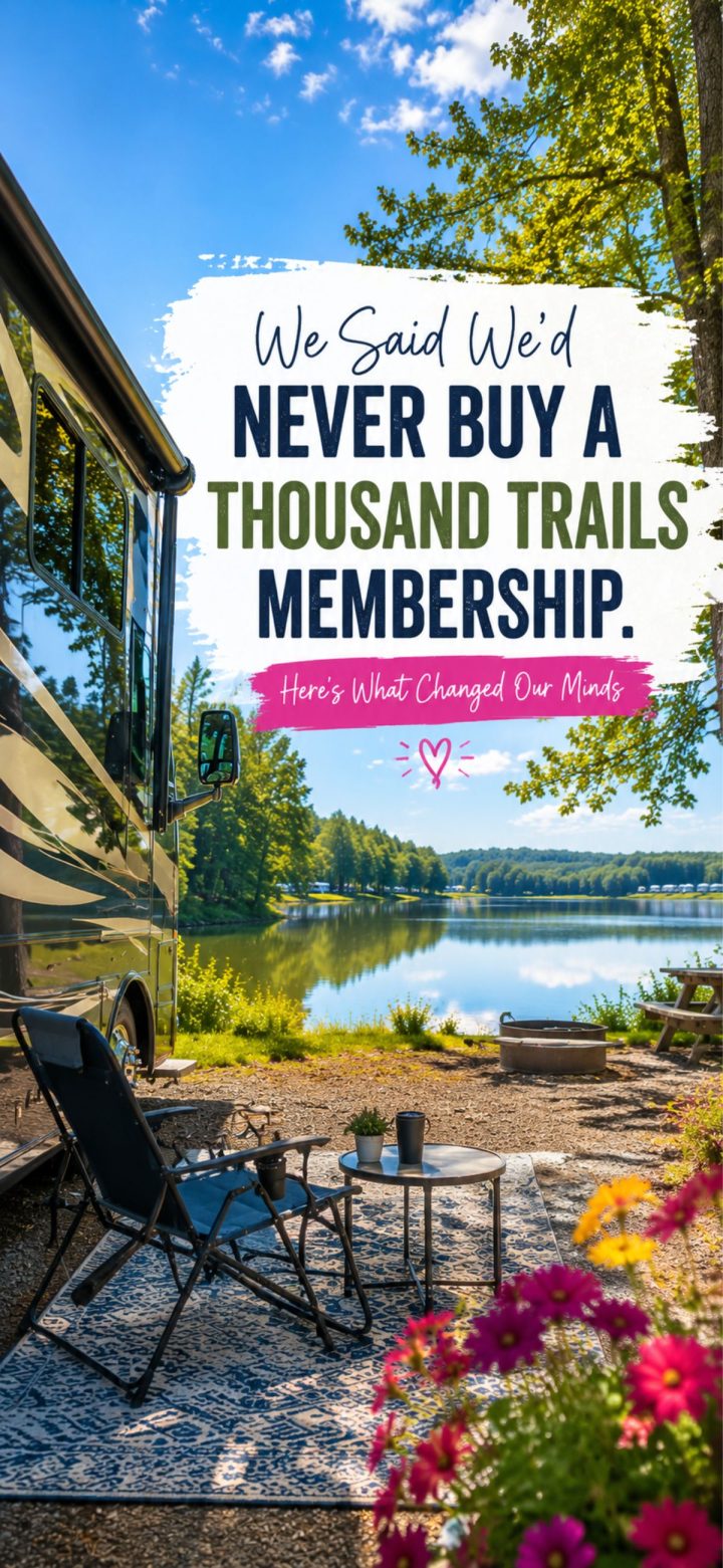 A lakeside RV campsite with outdoor chairs, a table, and flowers; text reads, "We said we'd never buy a Thousand Trails membership. Here's what changed our minds about joining Thousand Trails.