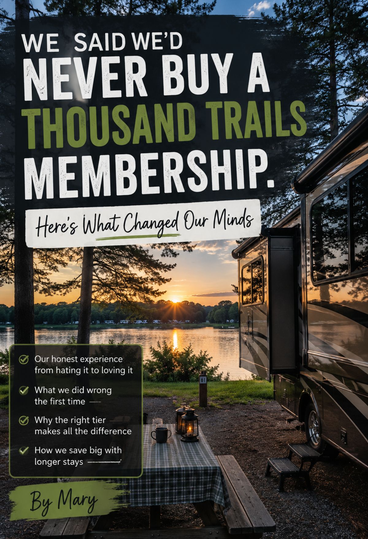 An RV parked beside a lake at sunset, with text overlay discussing changing opinions on Thousand Trails membership and a list of key discussion points.