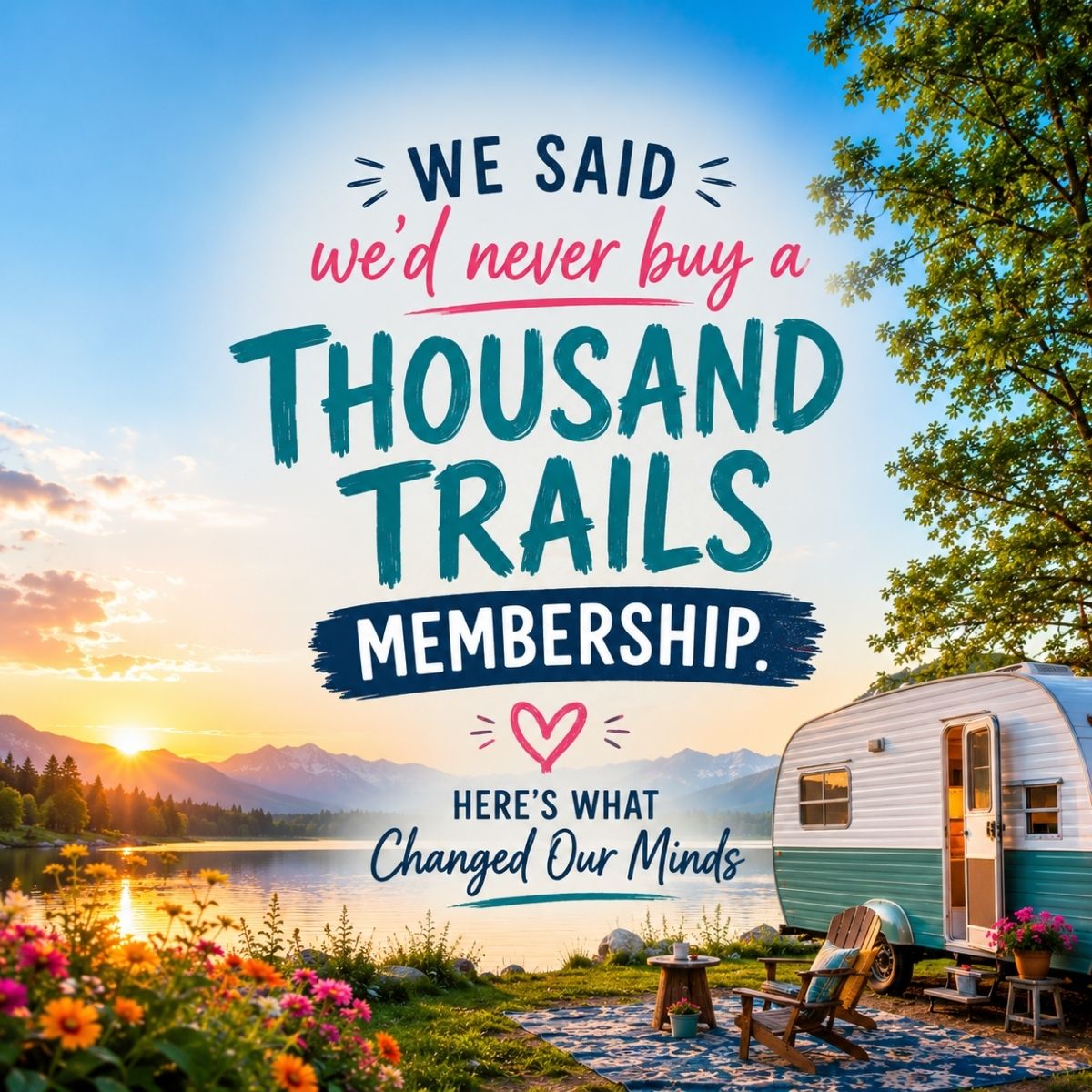 A vintage camper by a lake at sunset with mountains in the background sets the scene, highlighting the adventure and savings of a Thousand Trails membership.