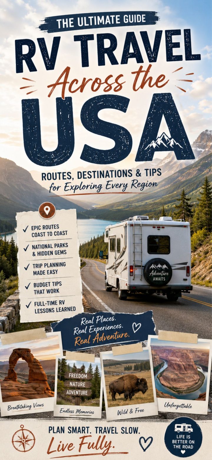 An RV drives along a winding road beside a lake and mountains, promoting an essential guide to RV Travel Across the USA with expert tips, scenic routes, and unforgettable highlights.