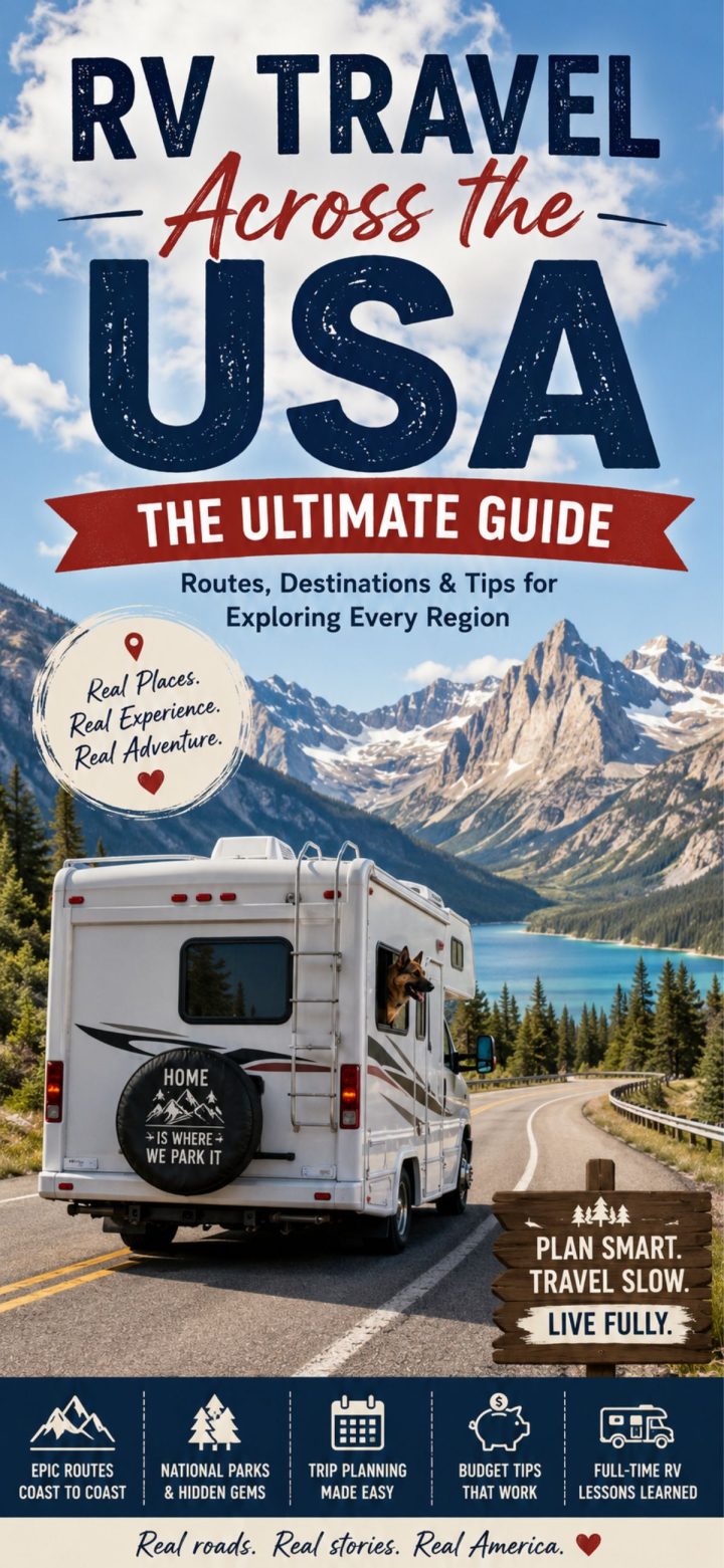 An RV travels on a scenic mountain road with pine trees and snow-capped peaks; text promotes the ultimate guide for RV Travel Across the USA, packed with expert tips, recommended routes, and essential planning advice.