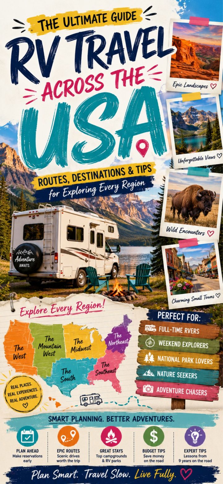 Colorful infographic titled "RV Travel Across the USA" features a map, RV photo, travel tips, scenic landscape images, and guide categories to inspire your next RV adventure across the diverse regions of the United States.