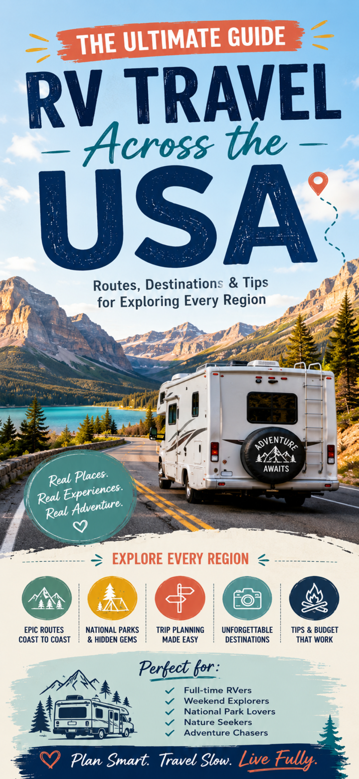 Infographic for RV Travel Across the USA with tips, routes, destinations, and planning advice, featuring an RV driving on a scenic road by a lake and mountains.