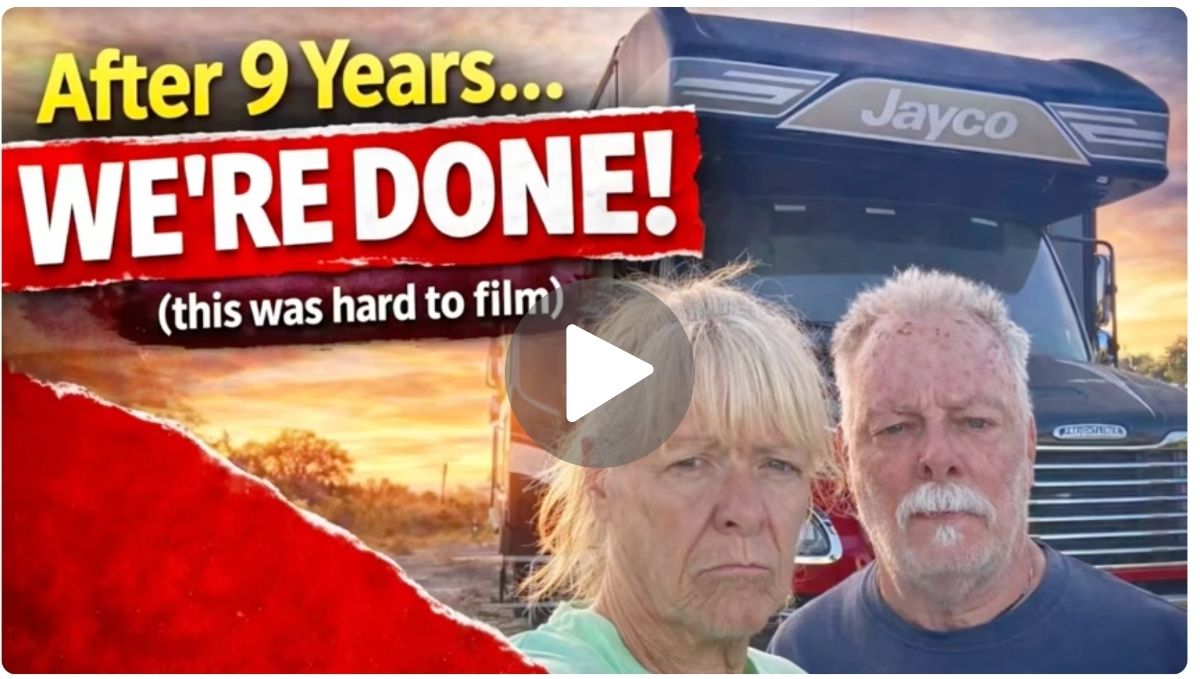 Two older adults stand in front of a Jayco RV at sunset, both looking serious. Text reads: "After 9 Years... WE'RE DONE! (Full Time RV Expenses made this hard to film)". Play button overlay is present.