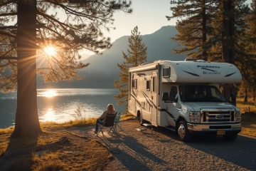 A person enjoying full-time RV living sits in a camping chair beside a white RV near a lake, surrounded by trees, with the sun setting behind mountains in the background.