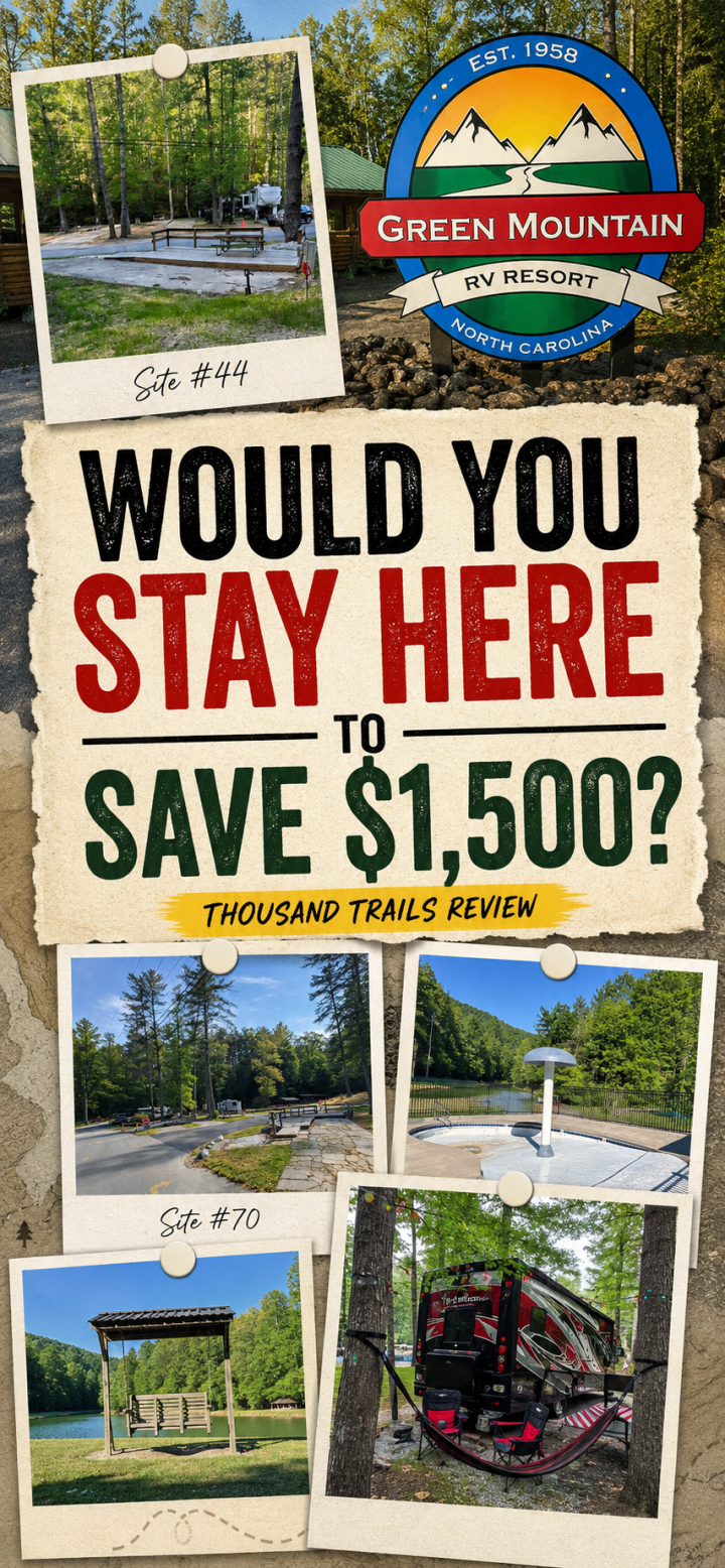 A promotional poster for Green Mountain Thousand Trails RV Resort features campsite photos, a logo, and bold text asking, "Would you stay here to save $1,500? Thousand Trails review.