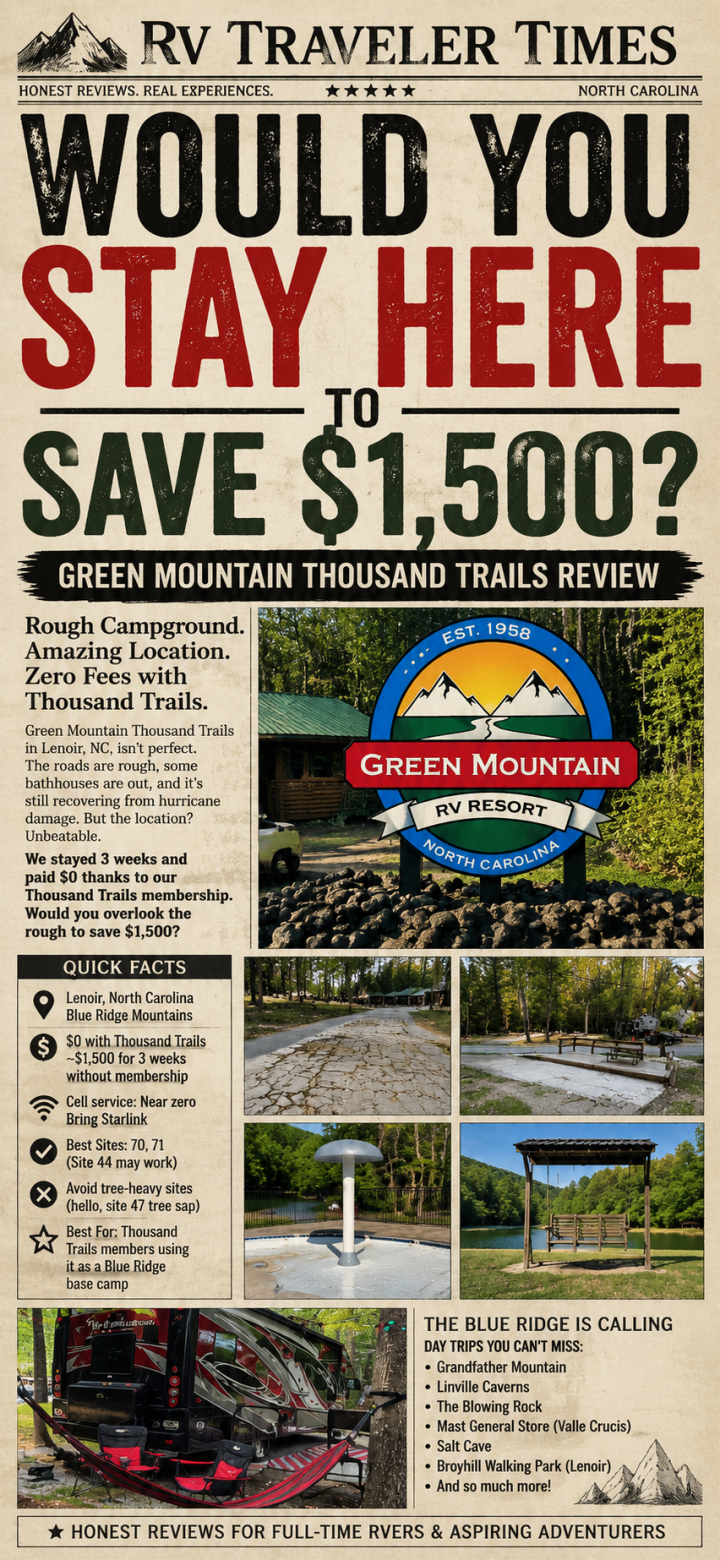 Promotional poster for Green Mountain Thousand Trails RV Resort, showcasing amenities, location highlights, and exclusive savings available to Thousand Trails members.