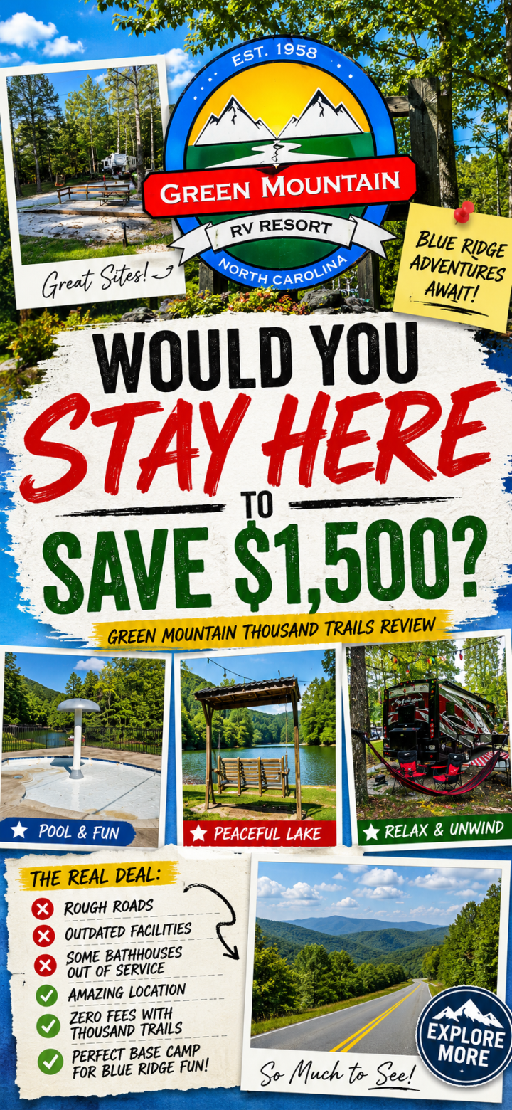 Promotional poster for Green Mountain Thousand Trails RV Resort in North Carolina, highlighting savings, amenities, activities, and key pros and cons for potential visitors.