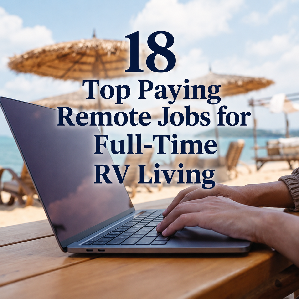 Person typing on a laptop at a beachside table with umbrellas; text reads "18 Top Paying Remote Jobs for full-time RV living." Perfect inspiration for those embracing life on the road while working remotely.