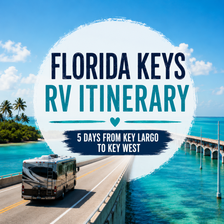 RV driving over a bridge above turquoise water in the Florida Keys with text: "5-day Florida Keys RV itinerary – journey from Key Largo to Key West.