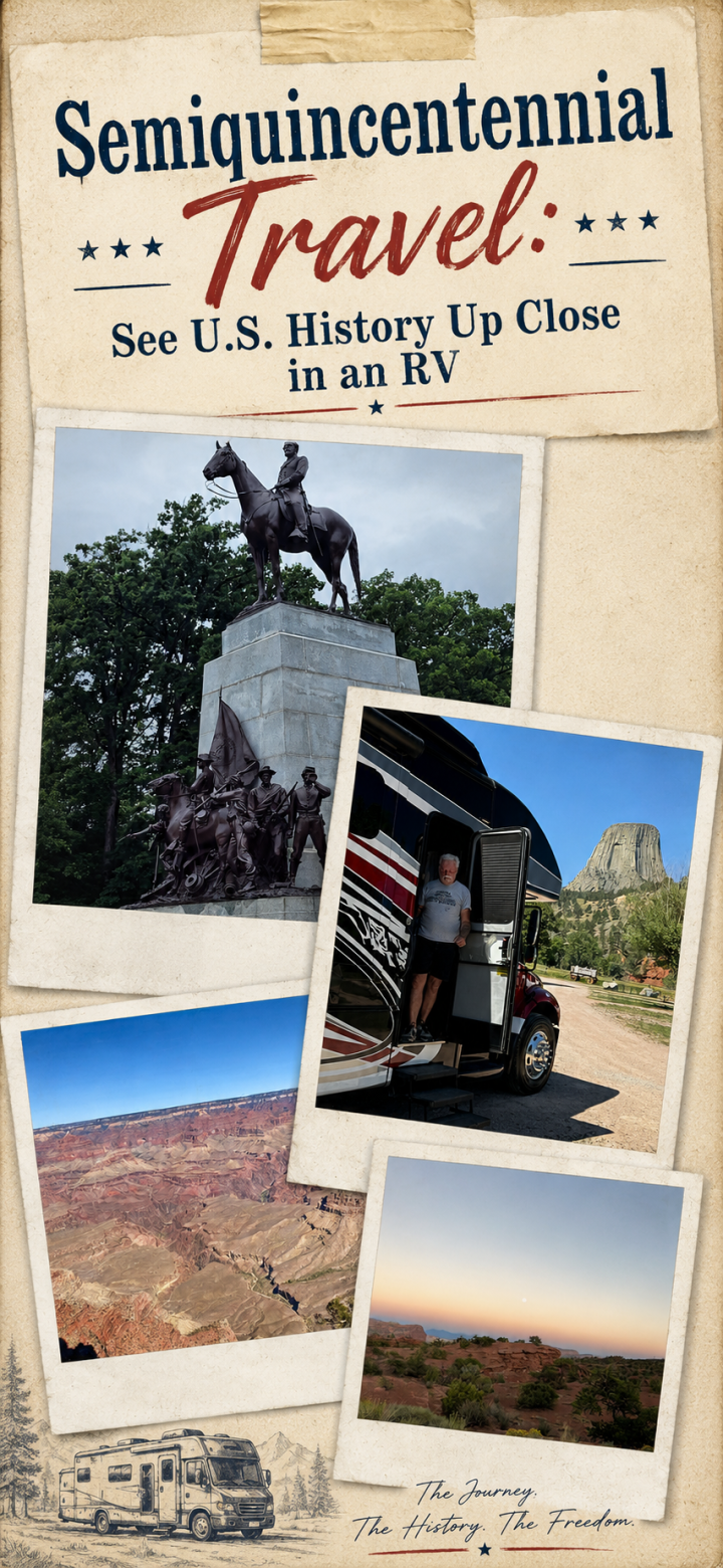 A travel-themed poster with RV photos at historical U.S. landmarks, including a statue, Devil's Tower, the Grand Canyon, and a scenic overlook, celebrating RV adventures for the Semiquincentennial.