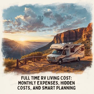 A motorhome parked at a scenic overlook with mountains and a sunset in the background. Text reads: "Full-time RV living: monthly expenses, hidden costs, and smart planning for life on the road.