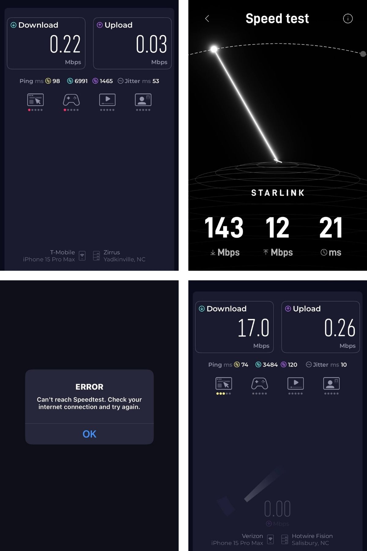 Four screenshots compare internet speed test results for T-Mobile and Starlink connections at Green Mountain Thousand Trails, showing download/upload speeds, ping, jitter, and an error message for a failed test.
