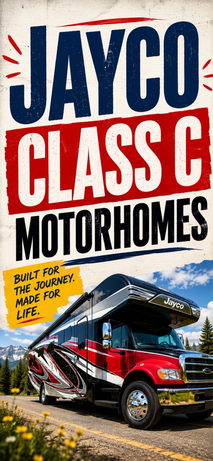 A Jayco Class C Motorhome parked on a scenic road with mountains and trees in the background highlights the durability and quality for which Jayco Class C Motorhomes are known.