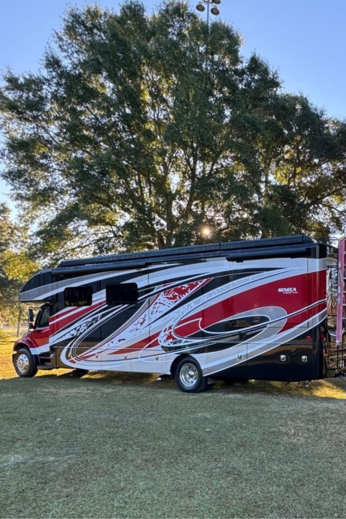 A large red, black, and white Jayco Class C Motorhome is parked on grass near tall trees under a clear sky.