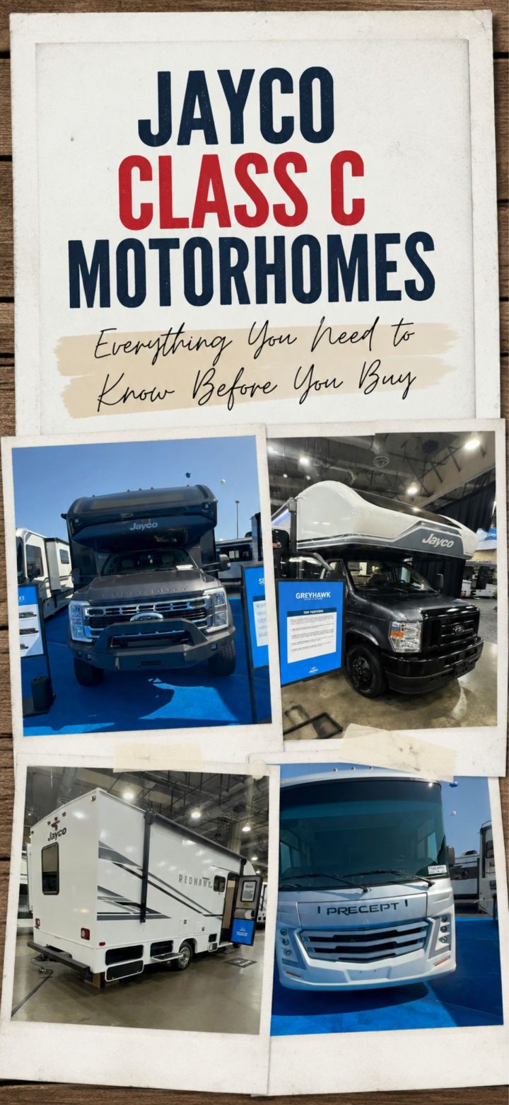 Collage showing four Jayco Class C Motorhomes at a dealership, with a sign above reading "Everything You Need to Know Before You Buy.