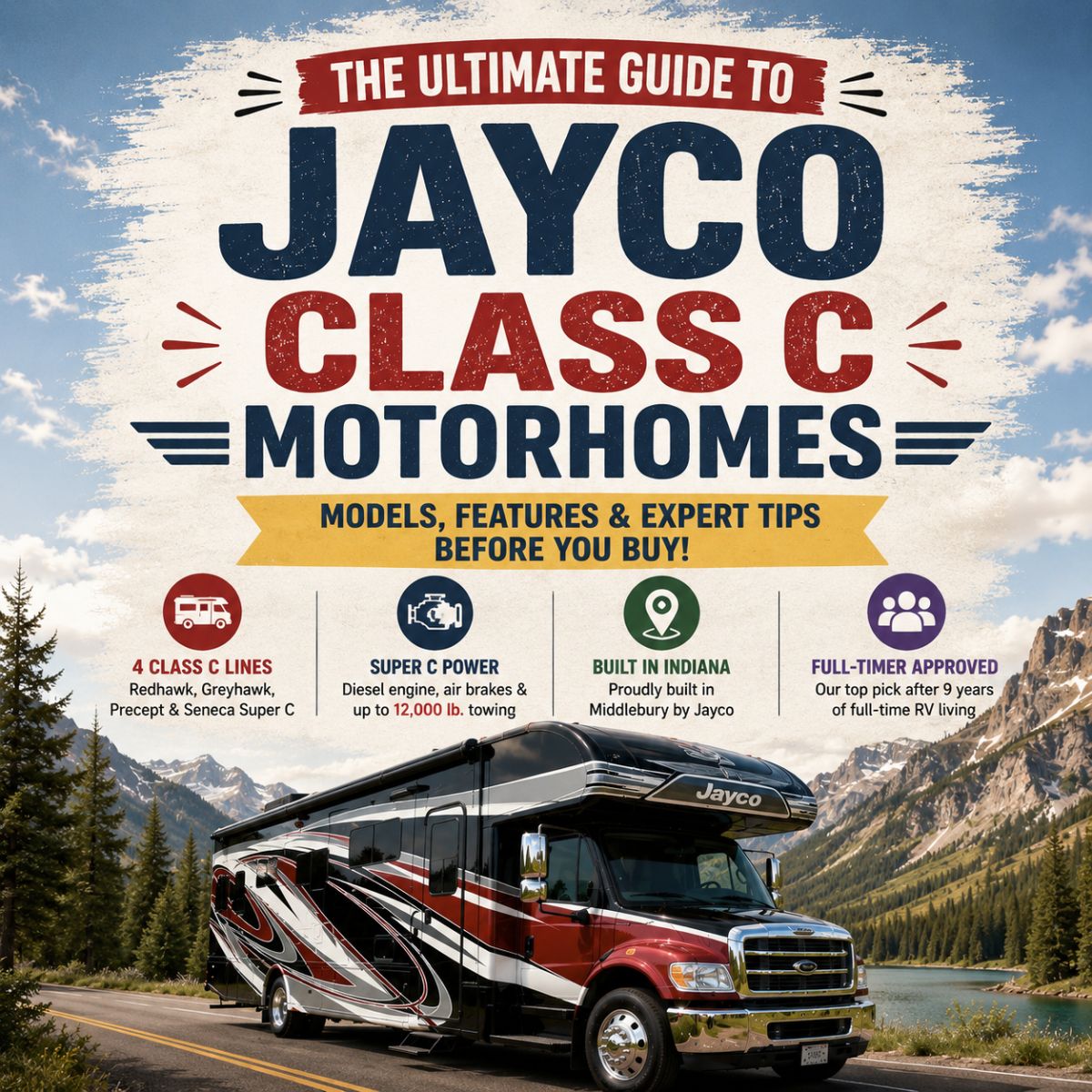 A Jayco Class C motorhome is parked by a lake with mountains in the background. Infographic highlights features and expert tips for buying Jayco Class C Motorhomes, making your next adventure easy and informed.