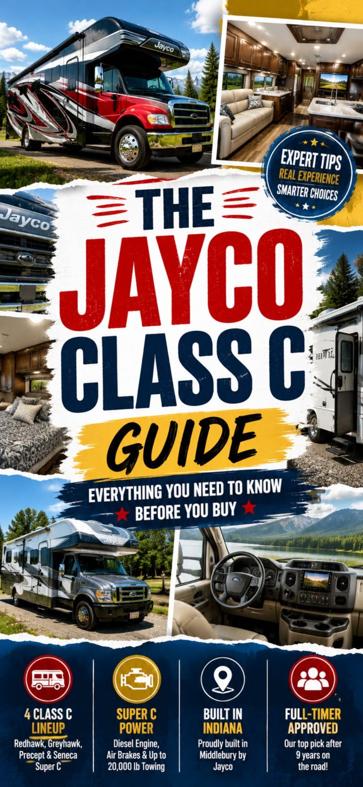 Infographic for the Jayco Class C Guide featuring Jayco Class C Motorhomes images, key features like 4 class C lineup, super C power, made in Indiana, and full-timer approval, plus expert tips for buyers.