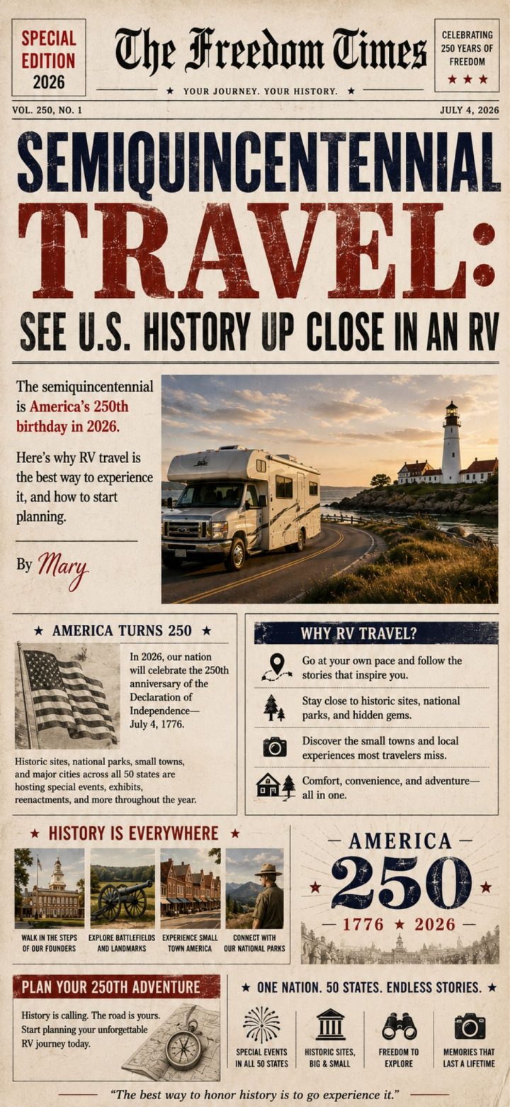 A newspaper front page promoting RV travel for America's semiquincentennial, featuring a lighthouse, RV, and sections on history tours, routes, and travel tips.
