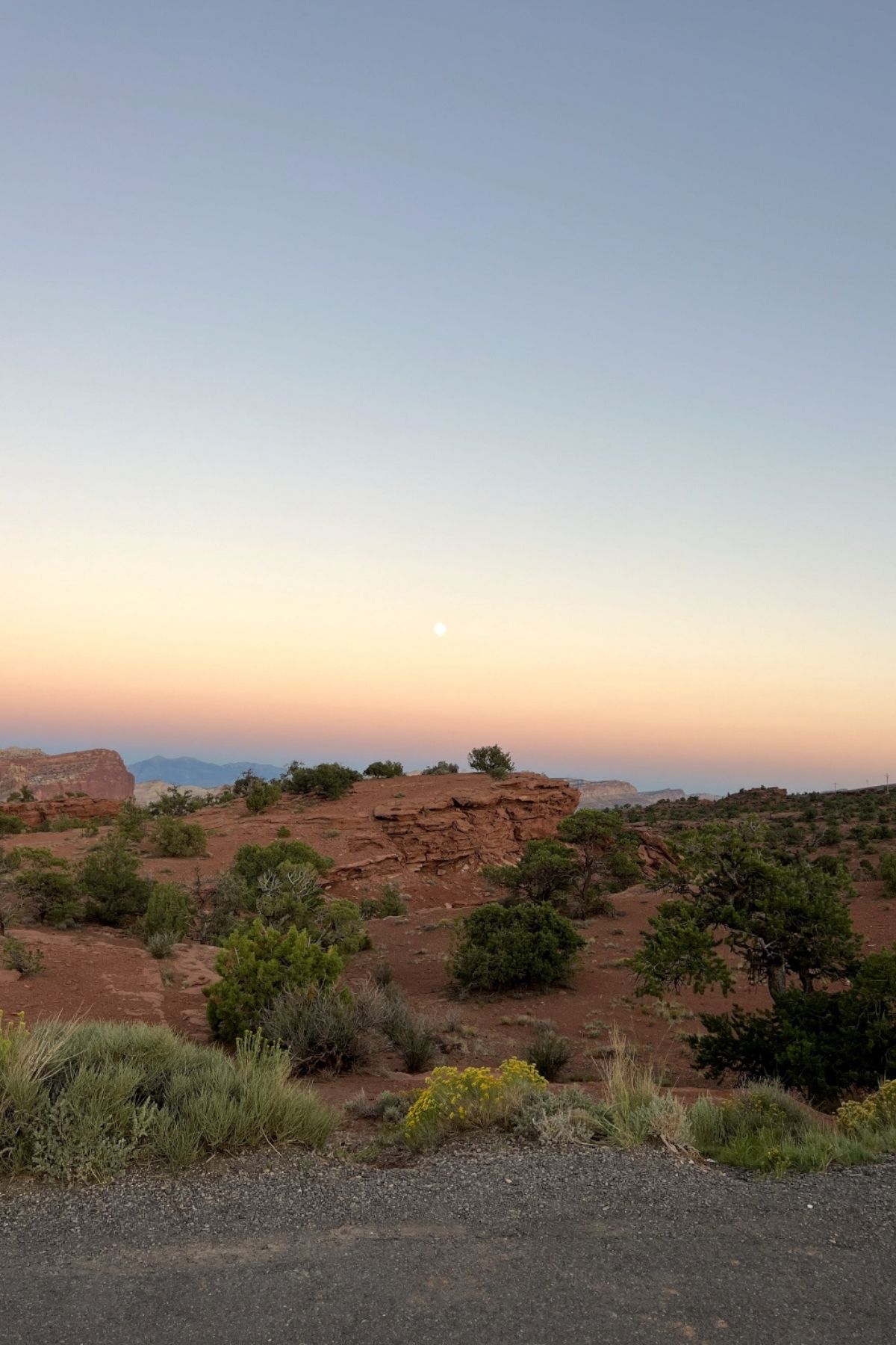 Red rock desert landscape with sparse vegetation at dusk, a full moon visible low in the pastel-colored sky above the horizon, evoking a tranquil scene perfect for a semiquincentennial celebration.